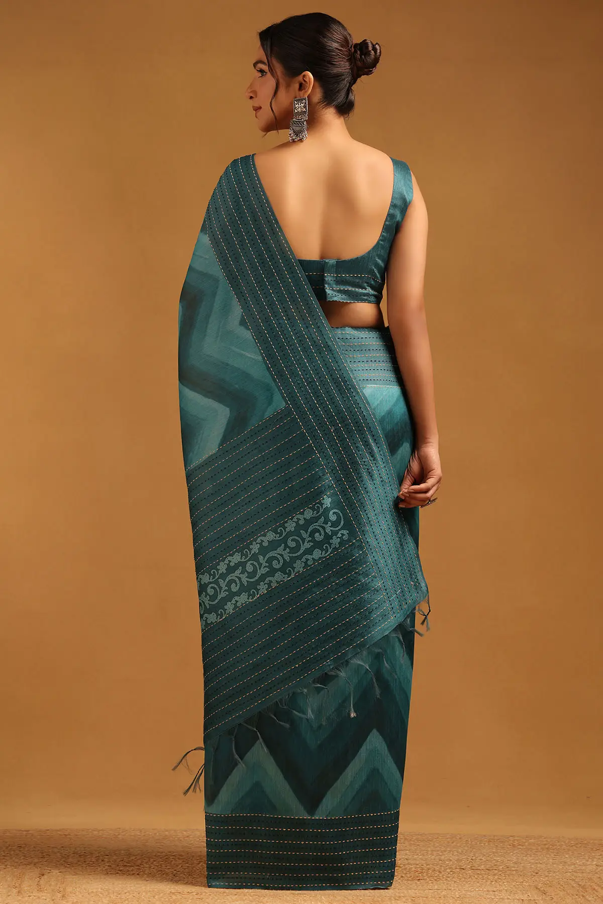 Teal Green Tussar Chevrons Sarees With Thread Work